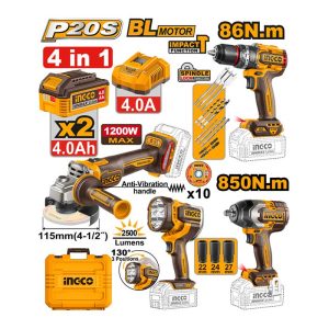 Ingco aku set (bus.86NM+brus.+udar. odvijač 850NM+Lampa) COSLI251192E 49017